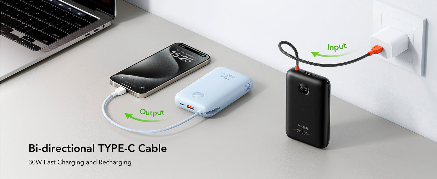 20000mAh Power Bank with Built-in Cables & LED Display for iPhone & Android