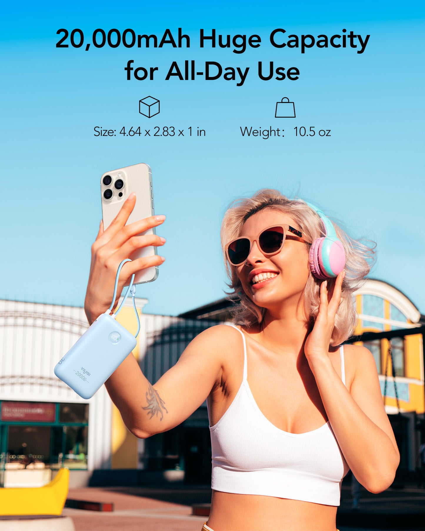 20000mAh Power Bank with Built-in Cables & LED Display for iPhone & Android