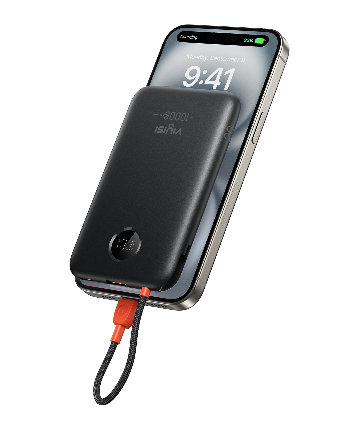 10000mAh Slim Power Bank with Built-in USB-C Cable & LED Display