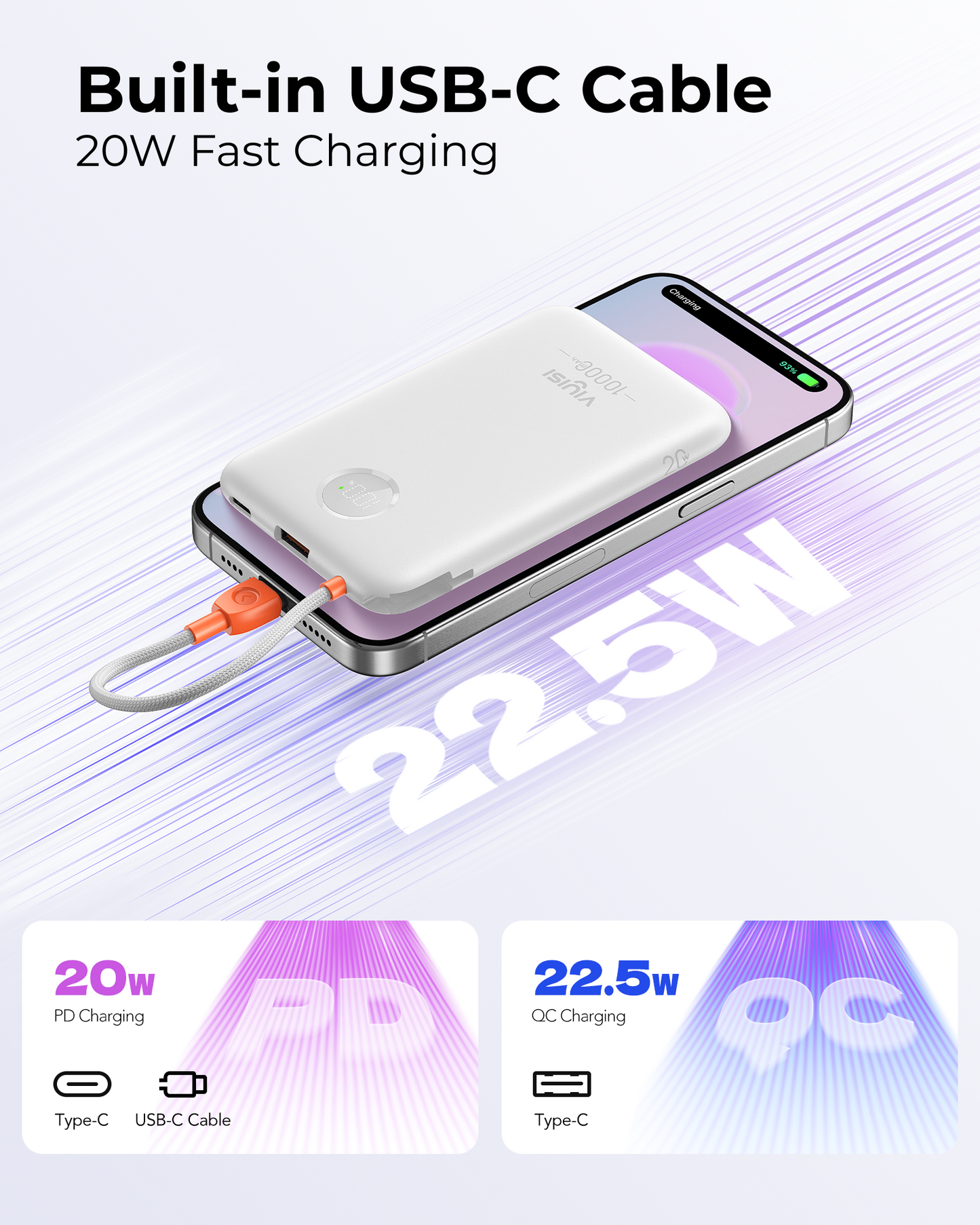 10000mAh Slim Power Bank with Built-in USB-C Cable & LED Display