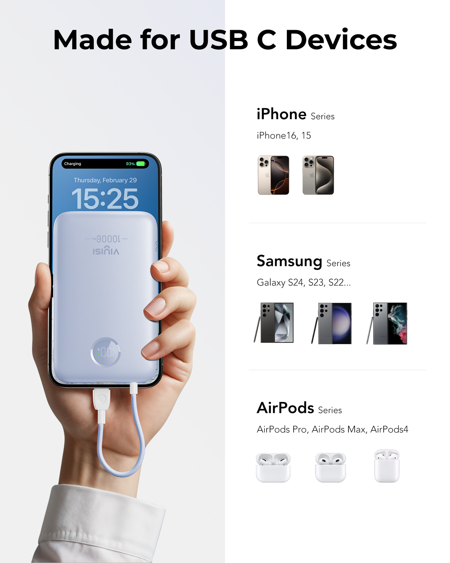 10000mAh Slim Power Bank with Built-in USB-C Cable & LED Display