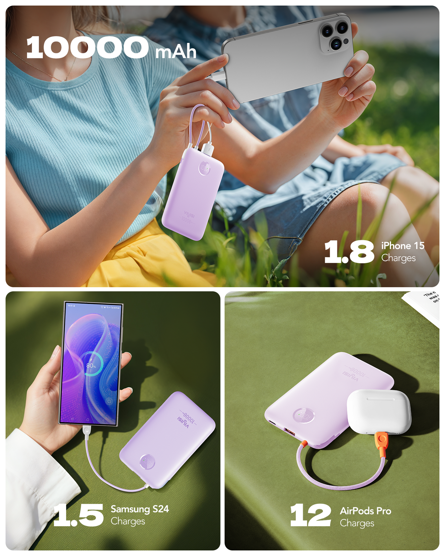 10000mAh Slim Power Bank with Built-in USB-C Cable & LED Display